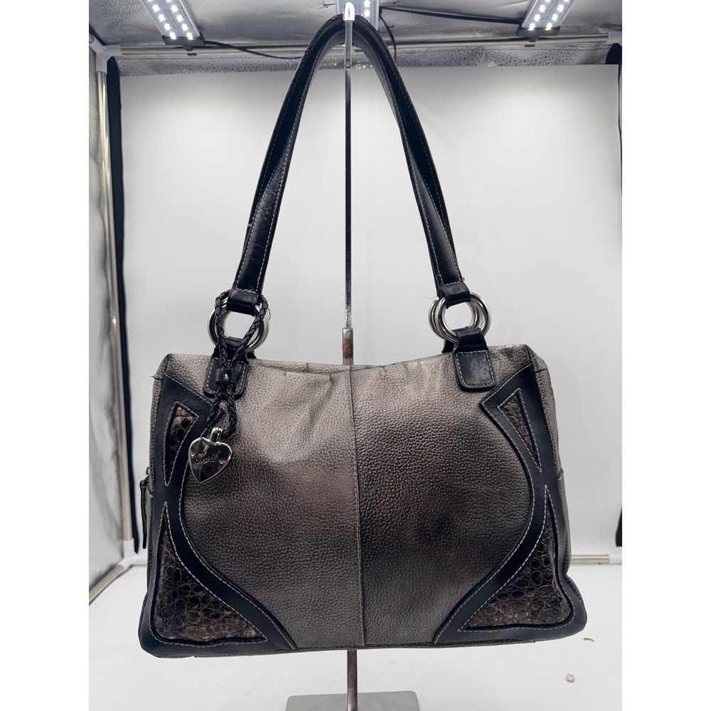Sharif Studio Metallic Pewter Leather Shoulder Bag Black Trim Lime Green Lining